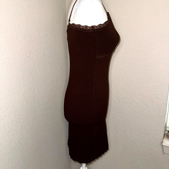 H&M Bodycon Dress Women's Small Brown Ribbed Lace Trim Spaghetti Straps Coquette - Picture 3 of 9
